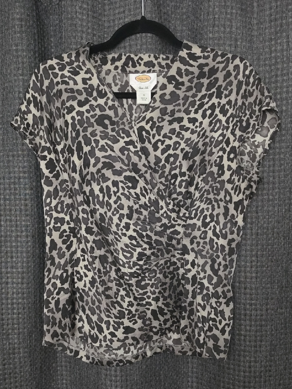 Talbots SILK Black and Gray Leopard-Print Wrap Top